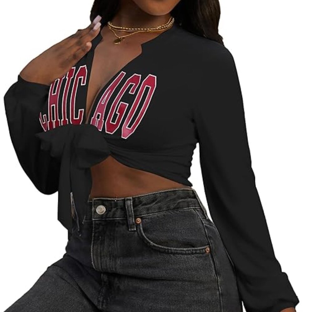 Women Tie Front Tops Sexy Cropped Long Sleeve Deep V Neck Shirt Clubwear - Picture 4 of 4